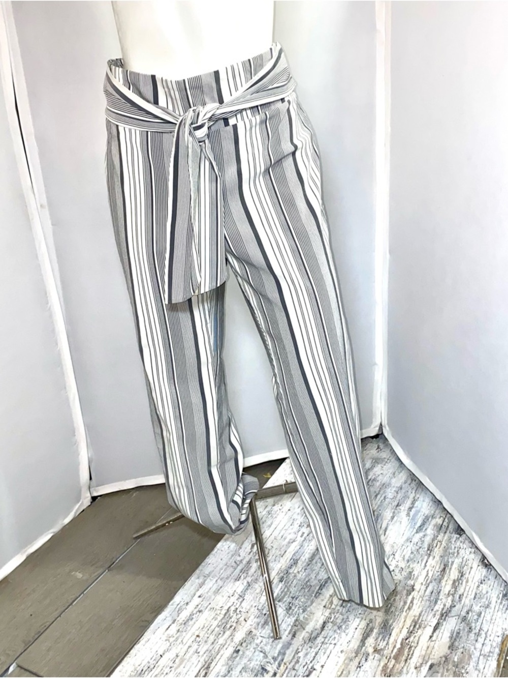 Soho Gray & White Striped Tie-Waist Straight Leg Pants